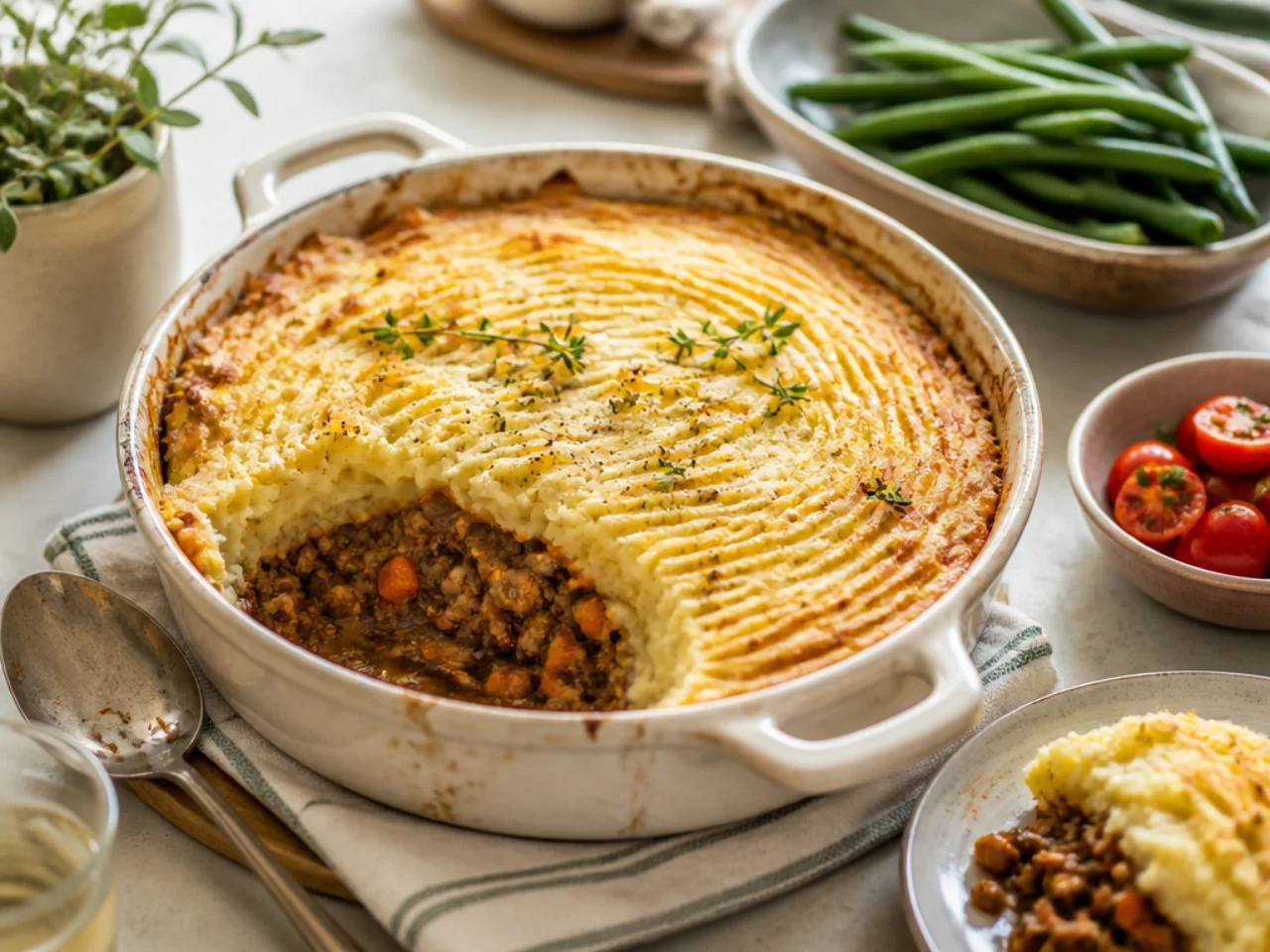 shepherd's pie served family-style on a cozy table