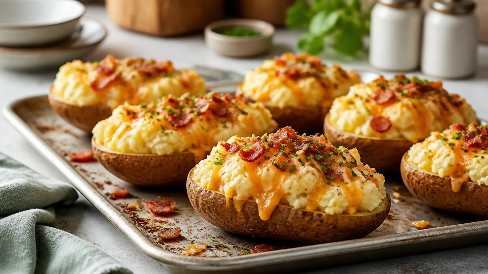 Twice Baked Mashed Potatoes That Wow — twice baked potatoes plated and ready to serve