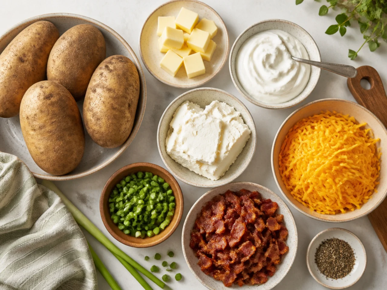 Fresh ingredients for twice baked potatoes arranged in bowls