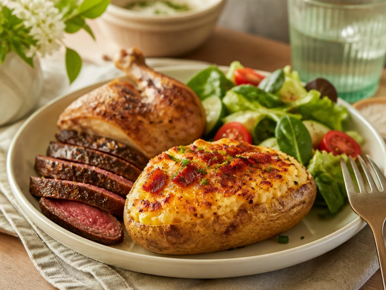 twice baked potatoes served with juicy roast chicken, grilled steak and a crisp green salad