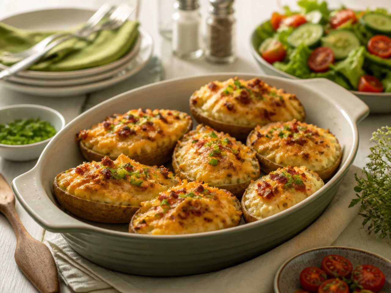 twice baked potatoes served family-style on a cozy table