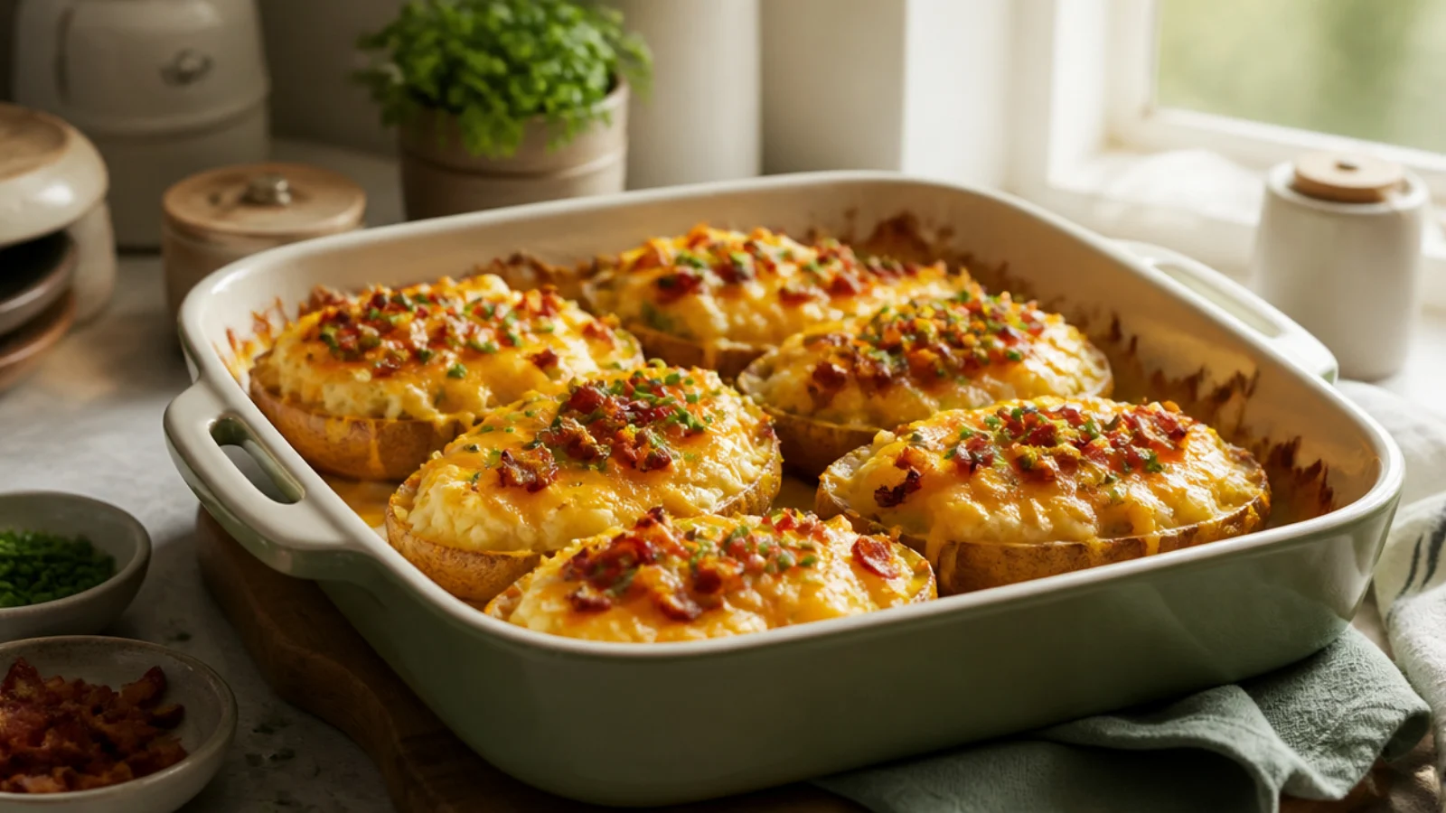 Cozy Twice Baked Potato Casserole Recipes — twice baked potatoes plated and ready to serve