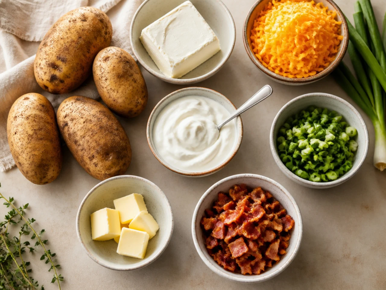 Fresh ingredients for twice baked potatoes arranged in bowls