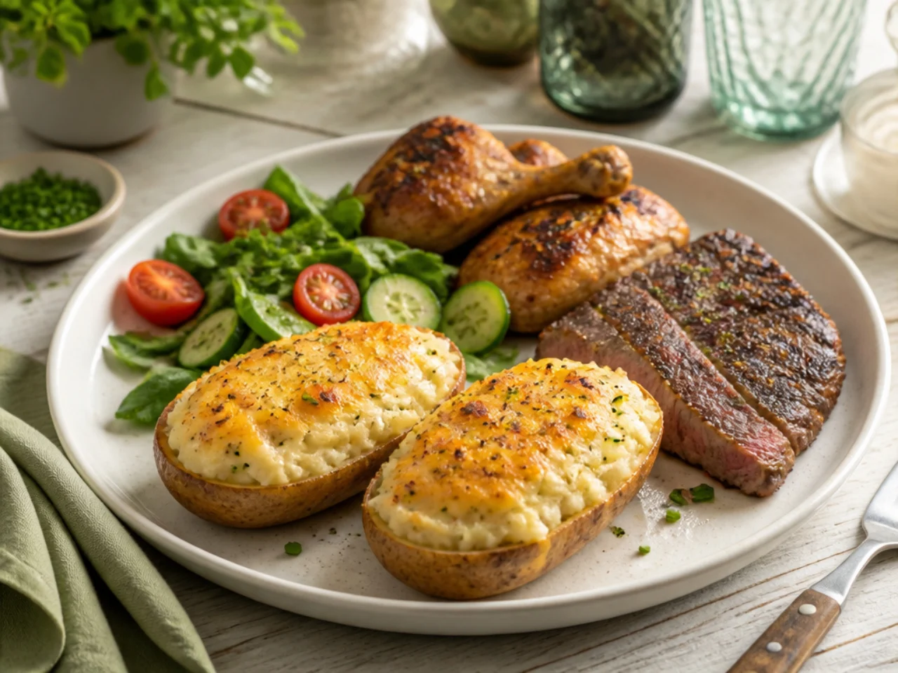 twice baked potatoes served with juicy roast chicken, grilled steak and a crisp green salad