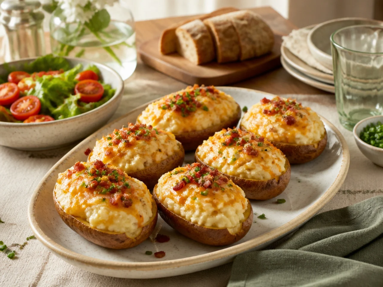 twice baked potatoes served family-style on a cozy table