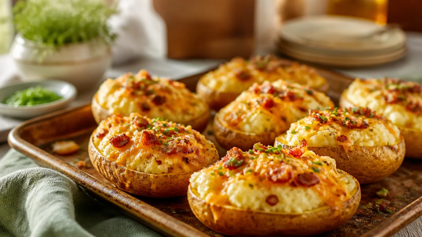 Easy Twice Baked Potatoes for Busy Nights — twice baked potatoes plated and ready to serve