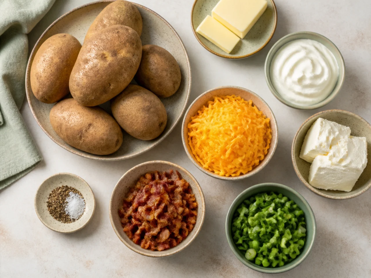 Fresh ingredients for twice baked potatoes arranged in bowls