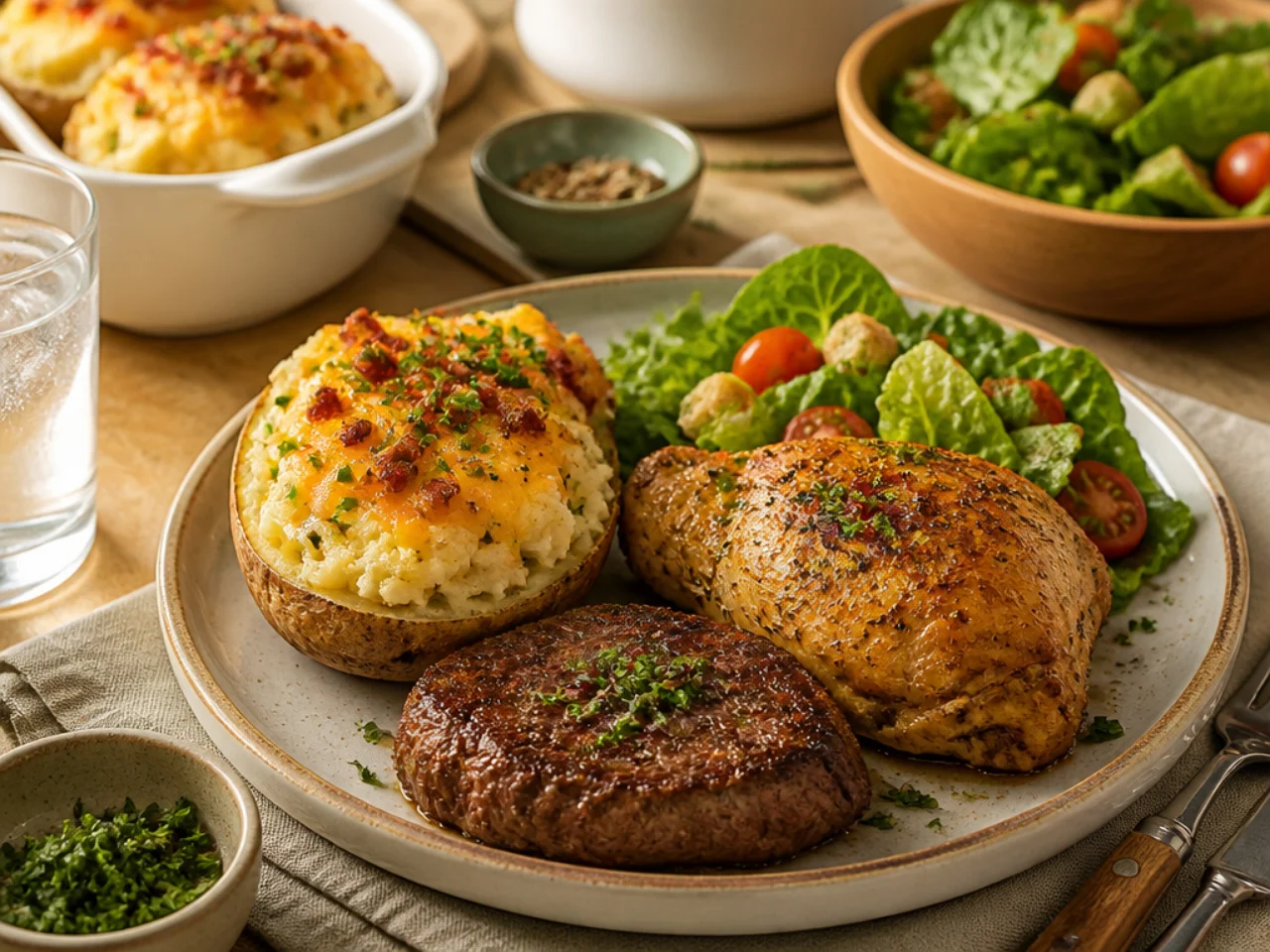twice baked potatoes served with juicy roast chicken, grilled steak and a crisp green salad