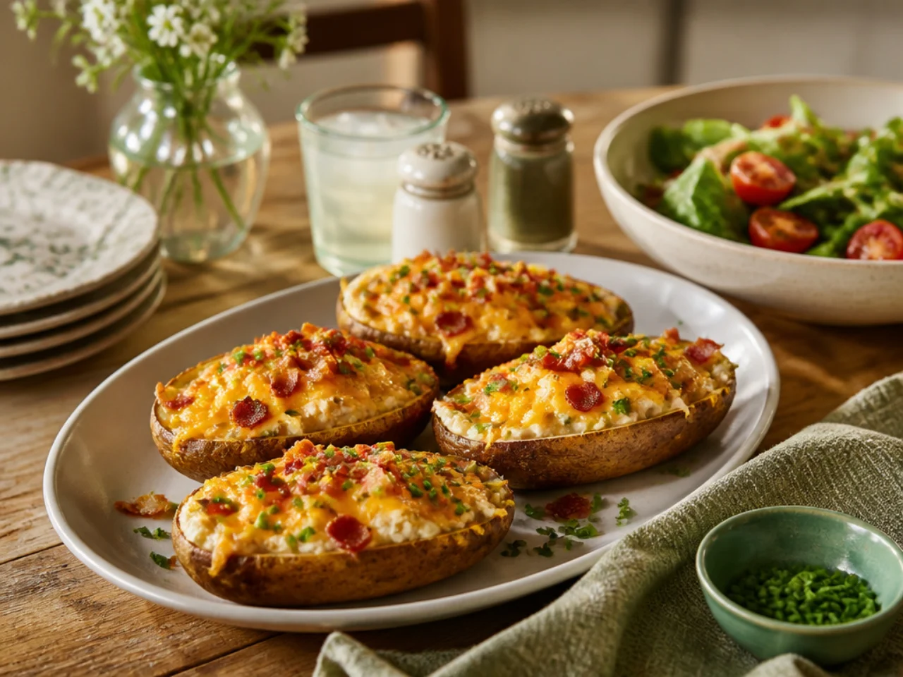 twice baked potatoes served family-style on a cozy table