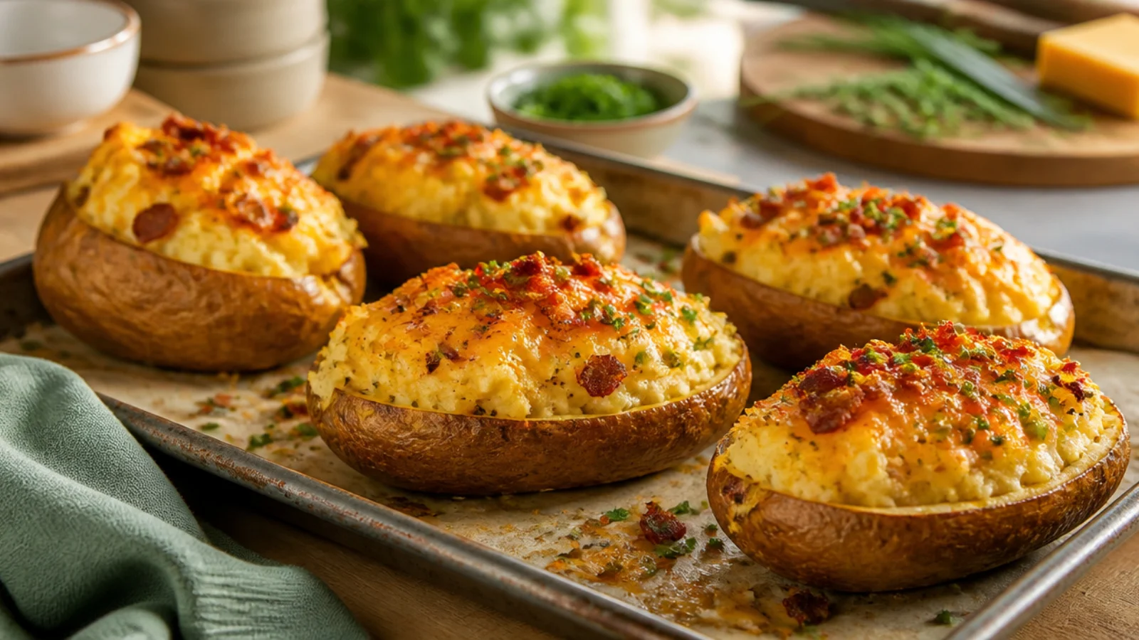 Oven Twice Baked Potatoes Done Right — twice baked potatoes plated and ready to serve