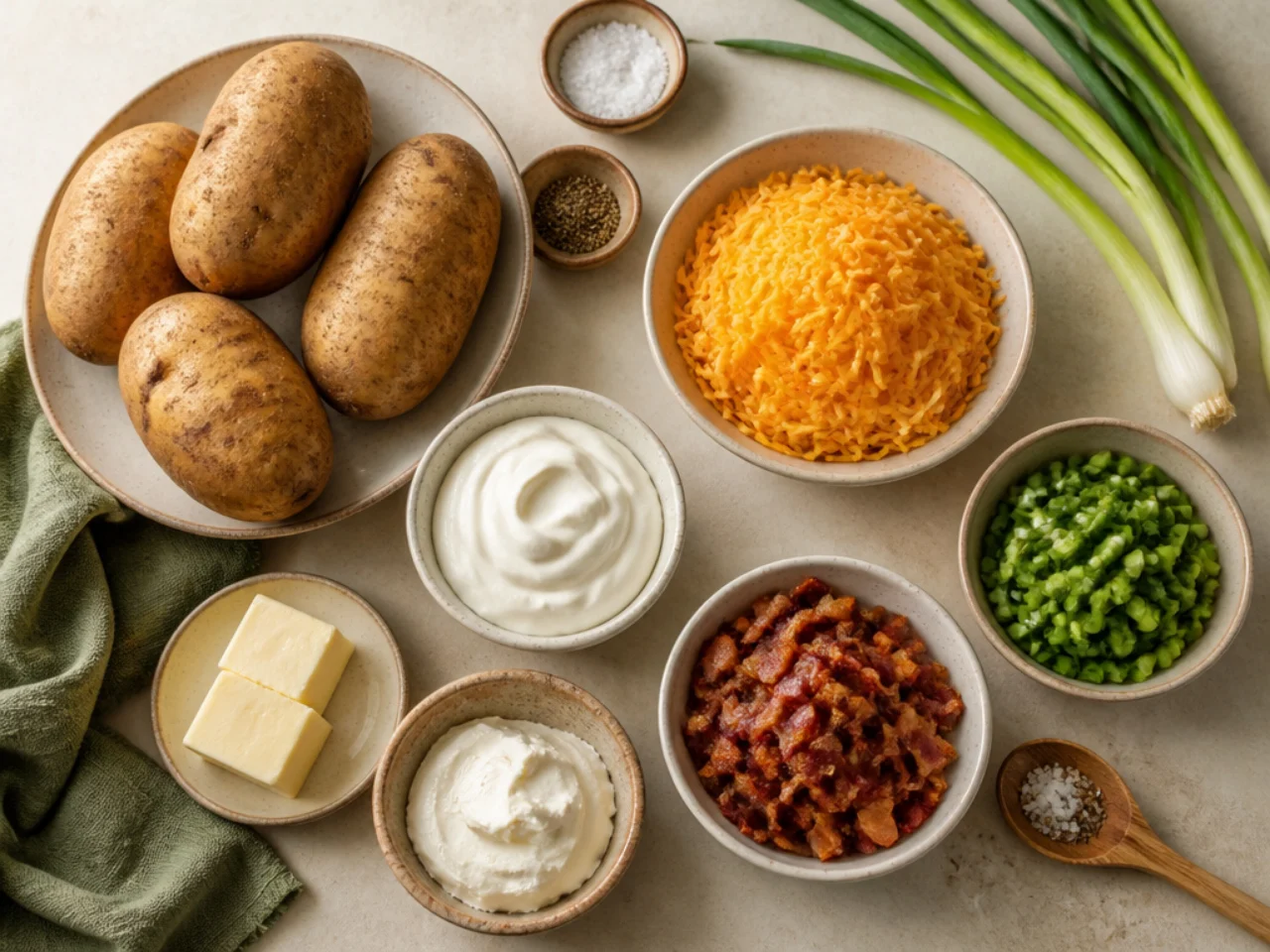 Fresh ingredients for twice baked potatoes arranged in bowls