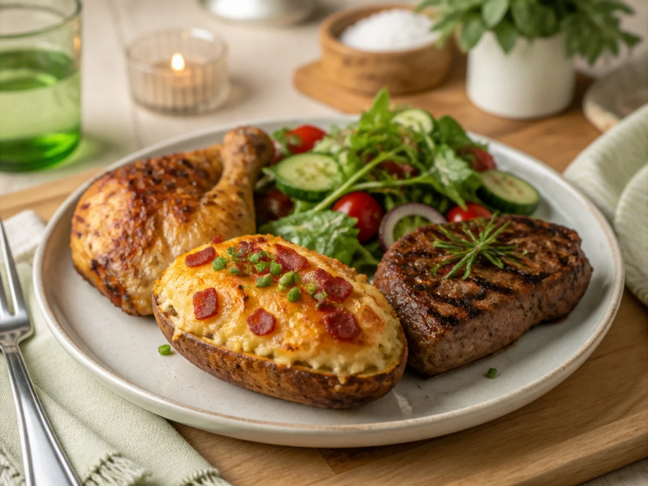 twice baked potatoes served with juicy roast chicken, grilled steak and a crisp green salad