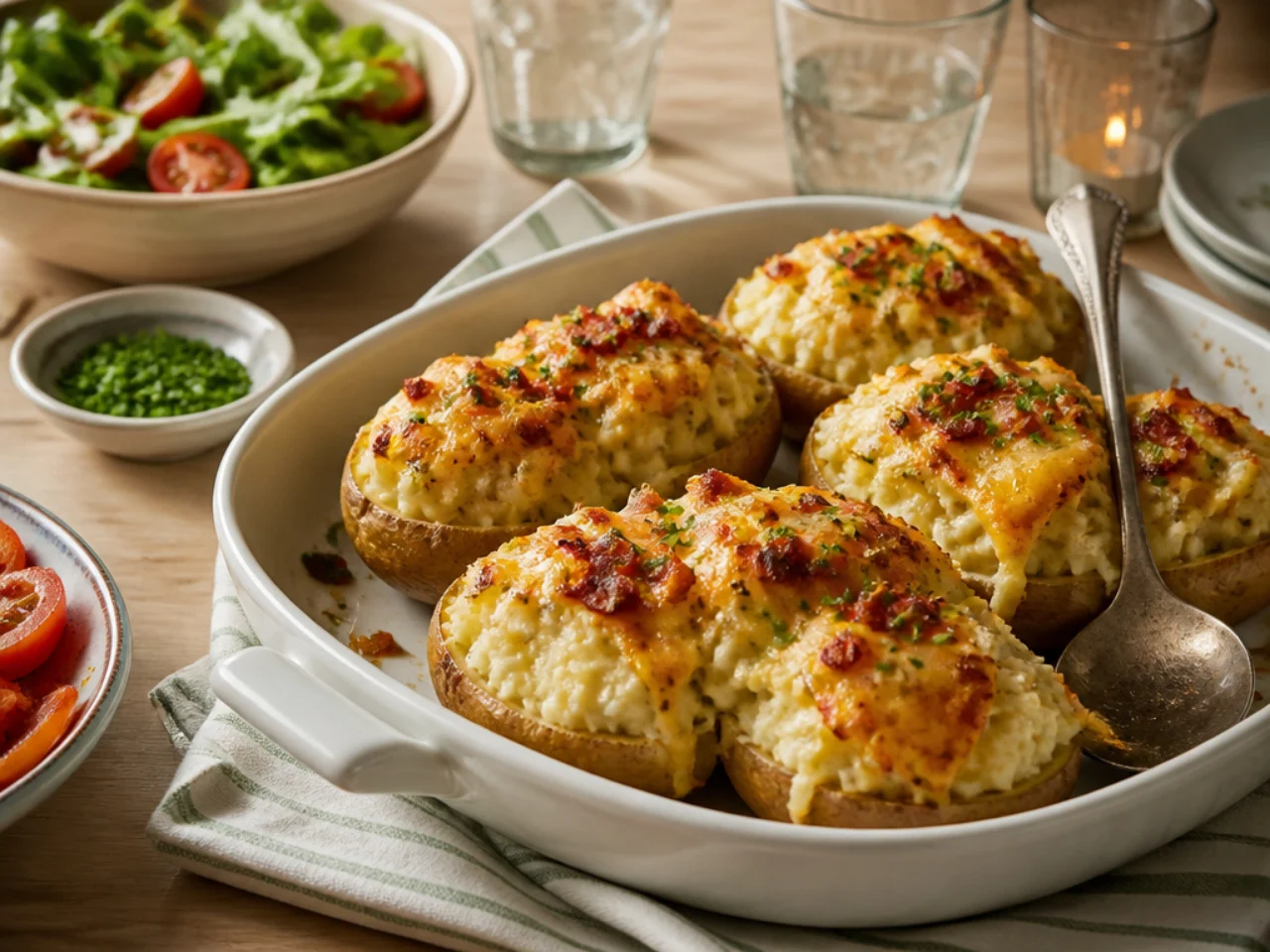 twice baked potatoes served family-style on a cozy table
