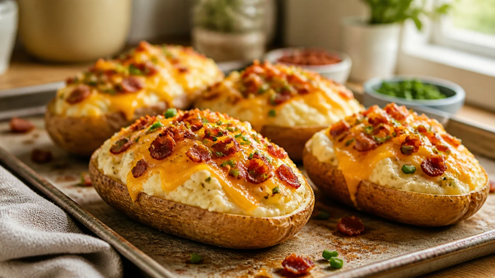 Twice Baked Potato Recipes Worth Making Again — twice baked potatoes plated and ready to serve