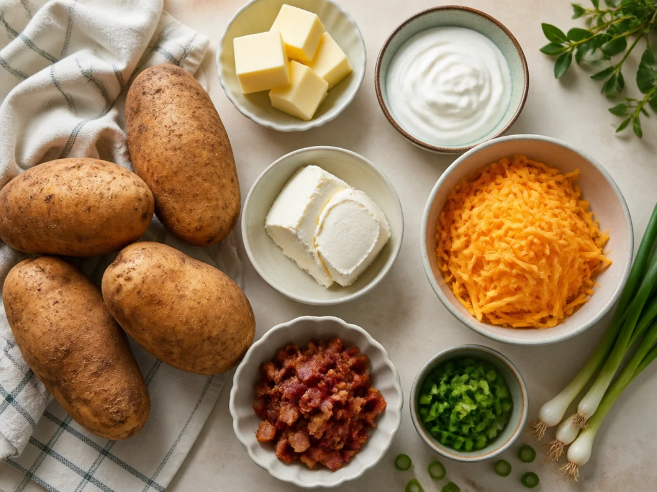 Fresh ingredients for twice baked potatoes arranged in bowls