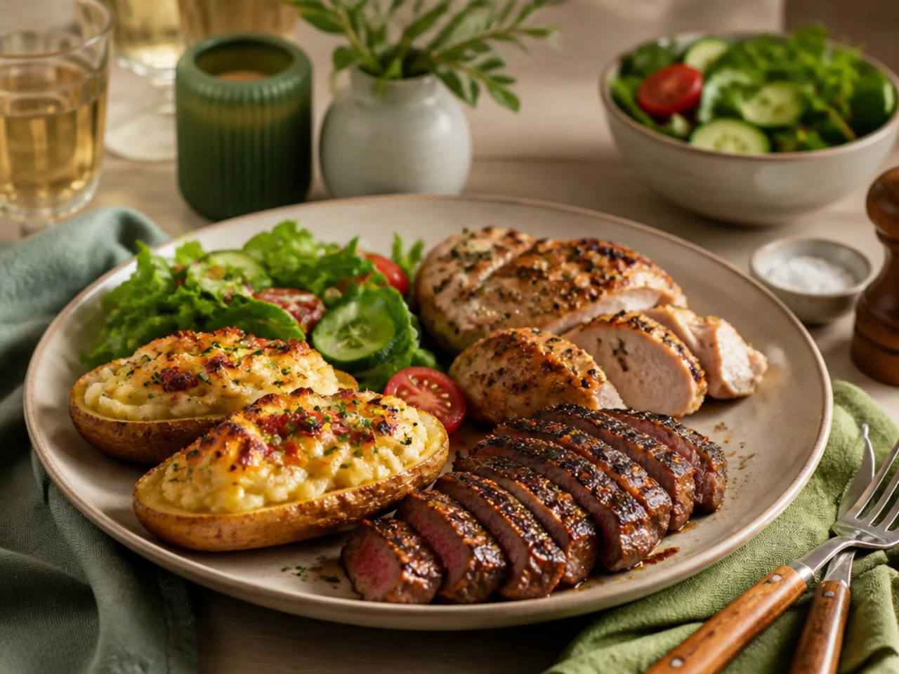twice baked potatoes served with juicy roast chicken, grilled steak and a crisp green salad