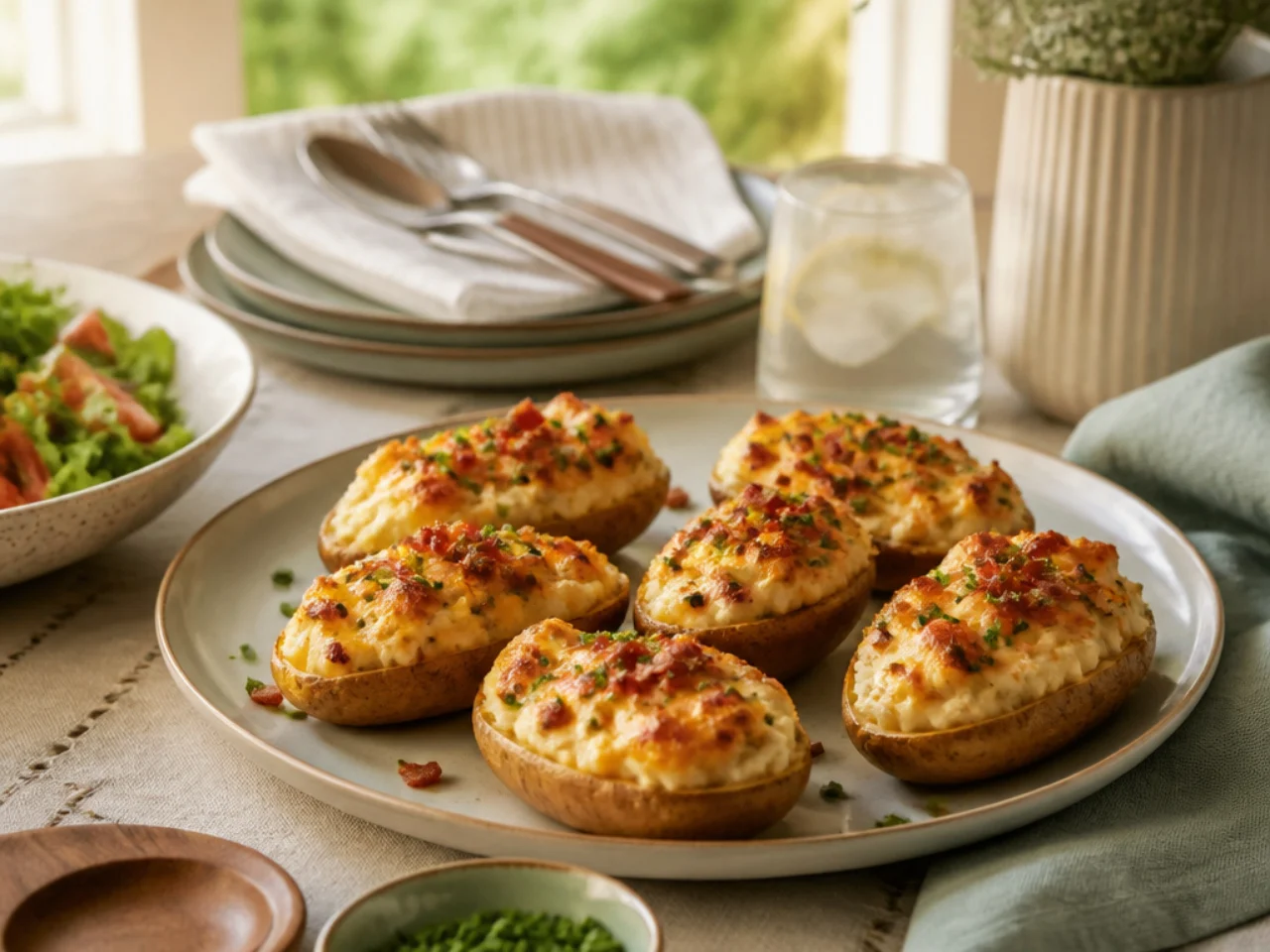 twice baked potatoes served family-style on a cozy table