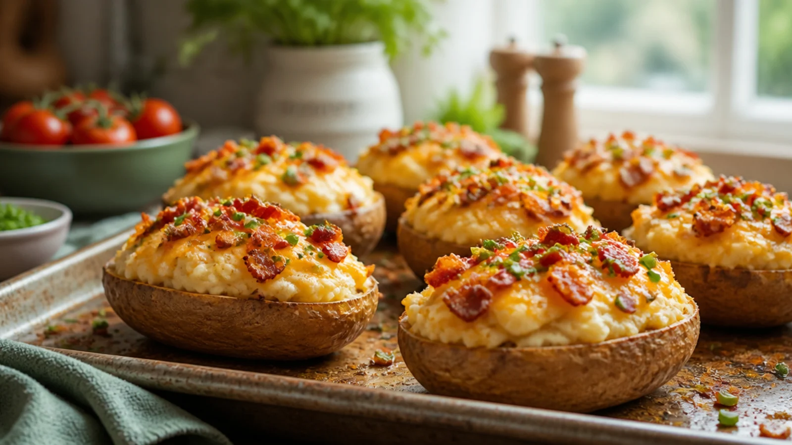 Cream Cheese Twice Baked Potatoes to Try — twice baked potatoes plated and ready to serve