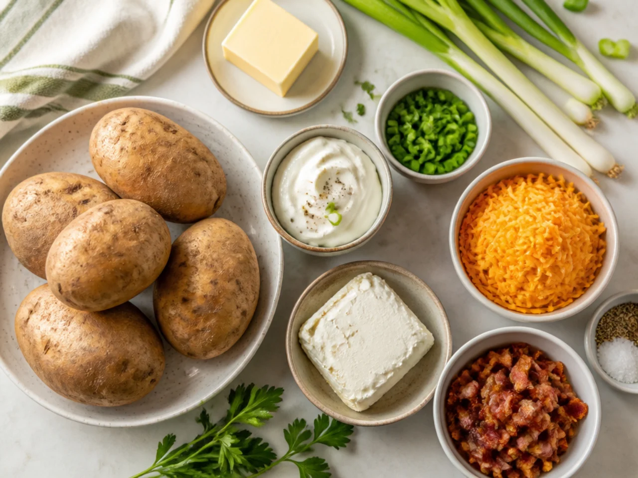 Fresh ingredients for twice baked potatoes arranged in bowls