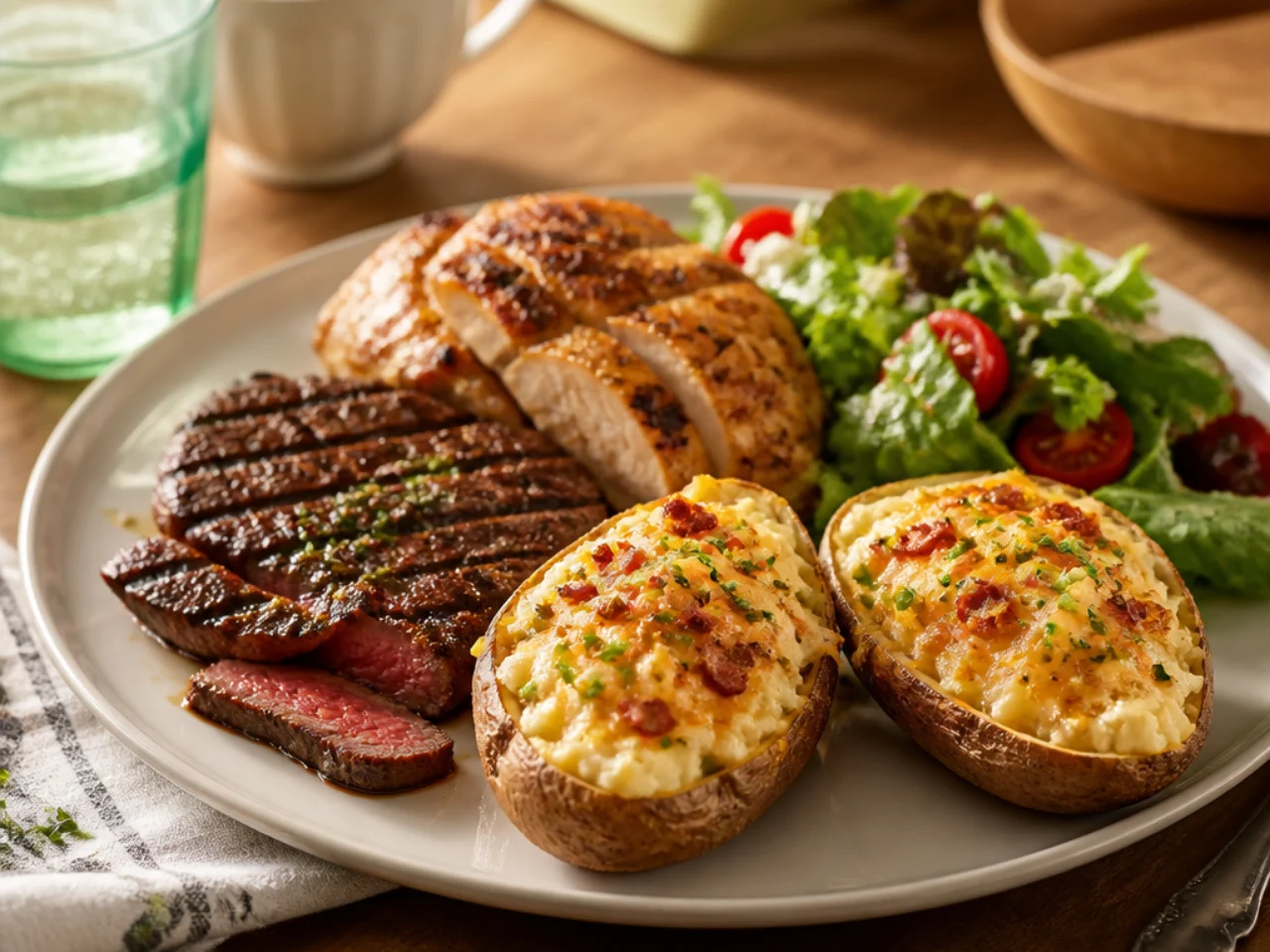 twice baked potatoes served with juicy roast chicken, grilled steak and a crisp green salad