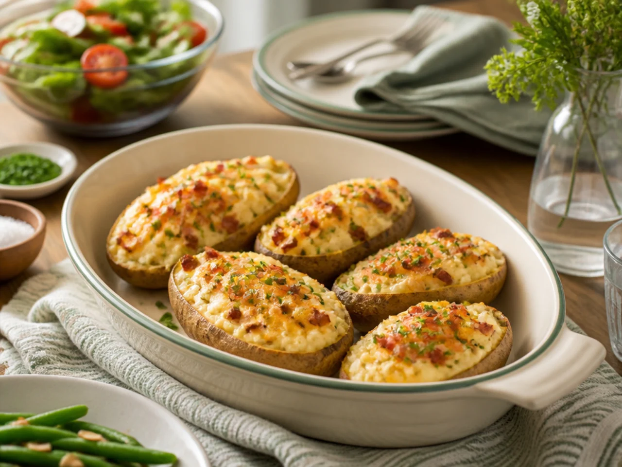 twice baked potatoes served family-style on a cozy table