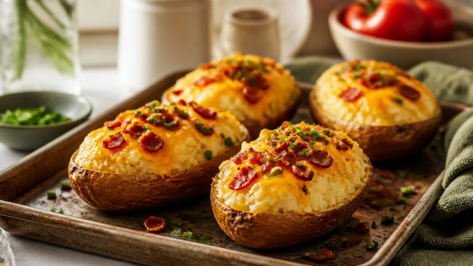 Easy Twice Baked Potatoes for Any Dinner — twice baked potatoes plated and ready to serve