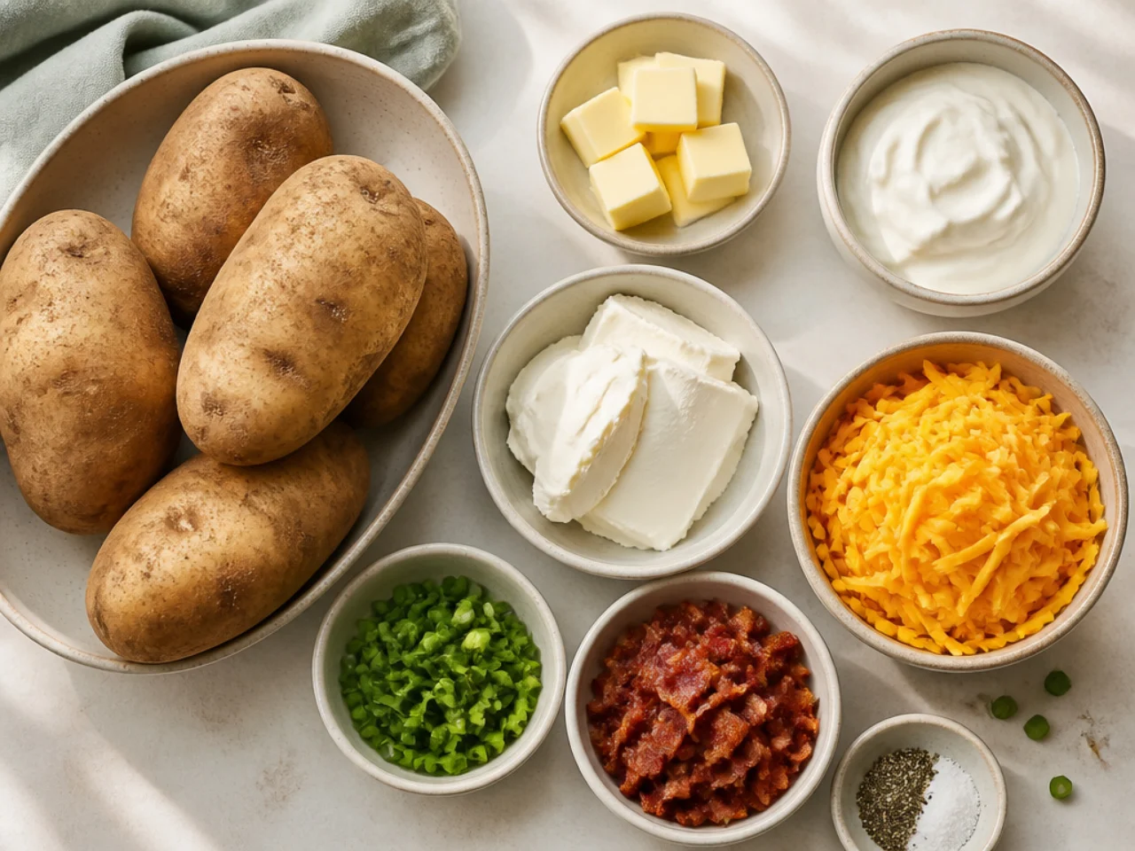 Fresh ingredients for twice baked potatoes arranged in bowls