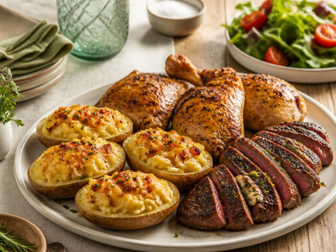 twice baked potatoes served with juicy roast chicken, grilled steak and a crisp green salad