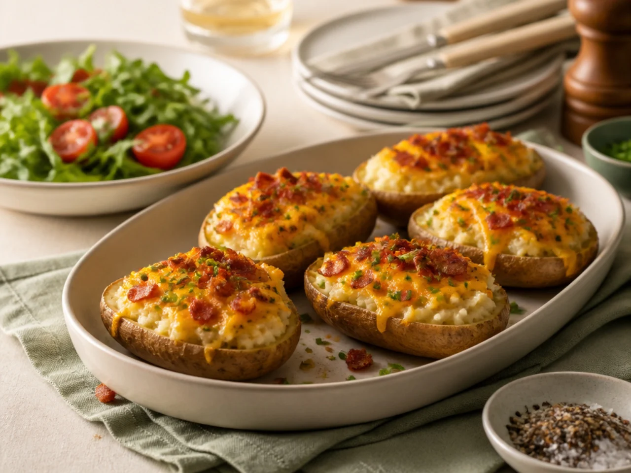twice baked potatoes served family-style on a cozy table