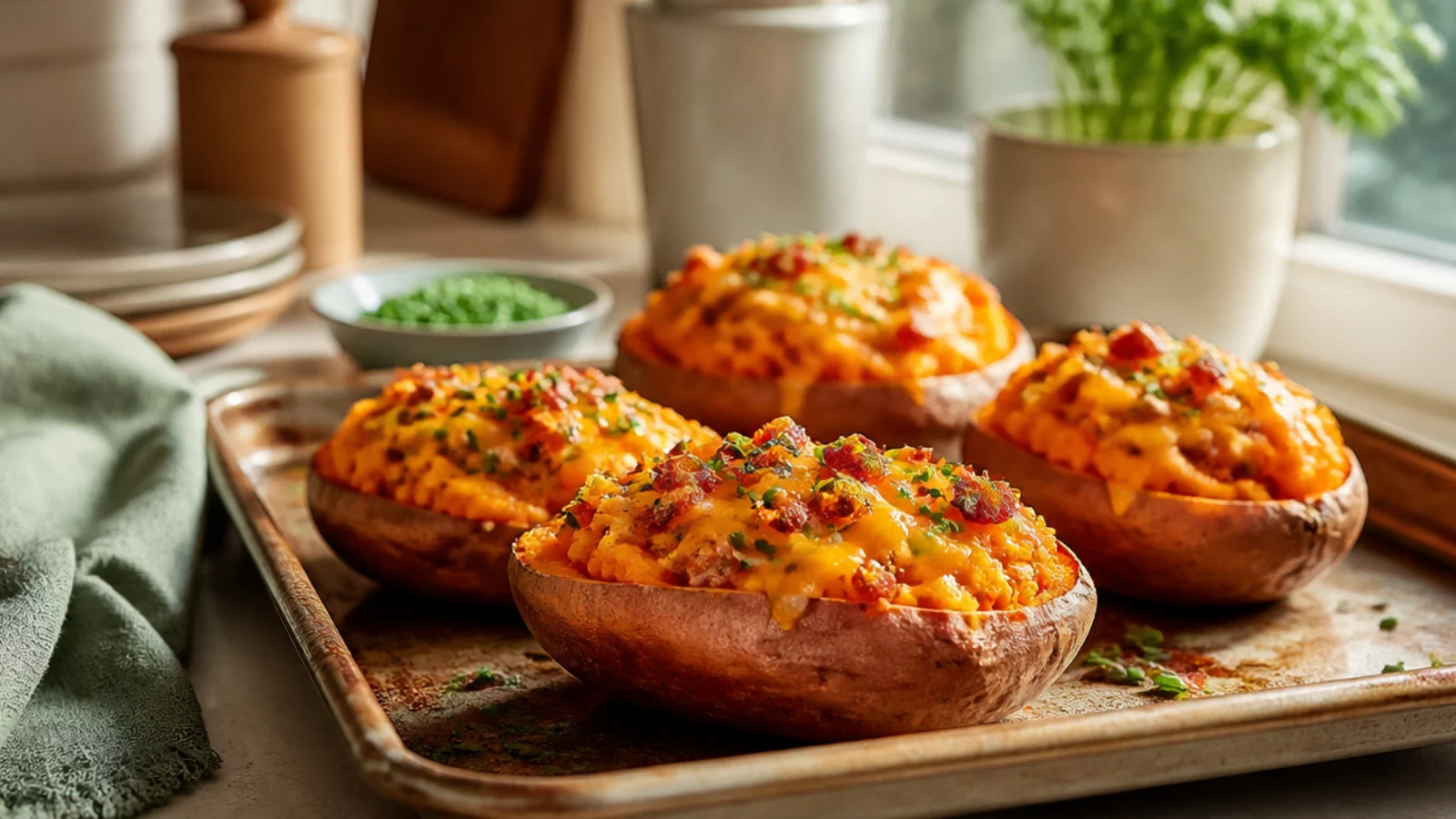 Twice Baked Sweet Potatoes Worth Craving — twice baked potatoes plated and ready to serve