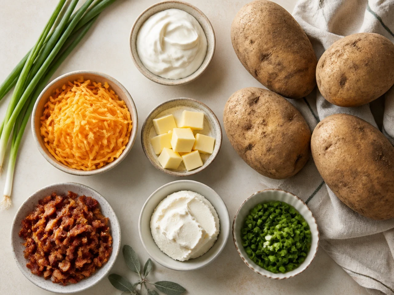 Fresh ingredients for twice baked potatoes arranged in bowls