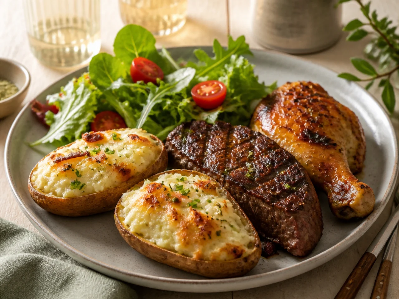 twice baked potatoes served with juicy roast chicken, grilled steak and a crisp green salad