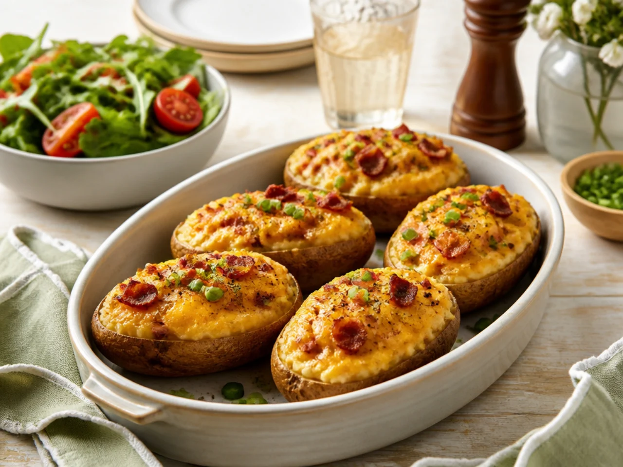 twice baked potatoes served family-style on a cozy table