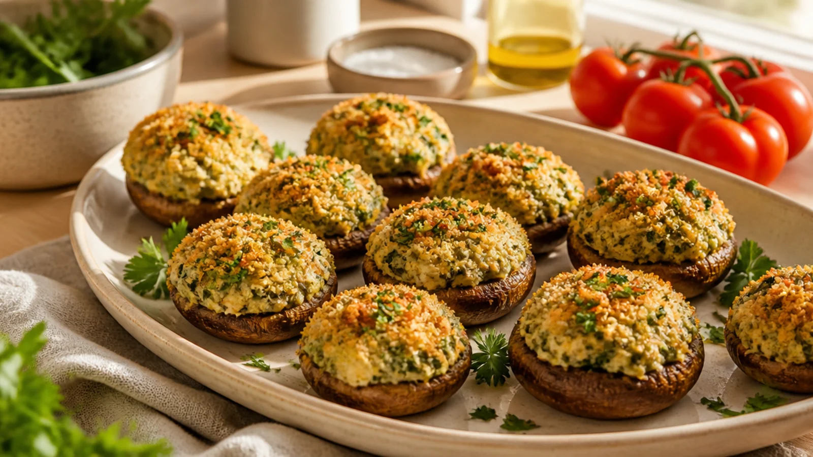Vegan Stuffed Mushrooms You Will Love — stuffed mushrooms plated and ready to serve