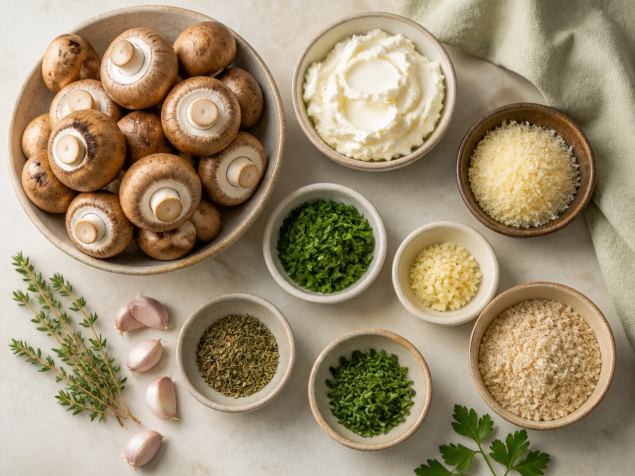 Fresh ingredients for stuffed mushrooms arranged in bowls