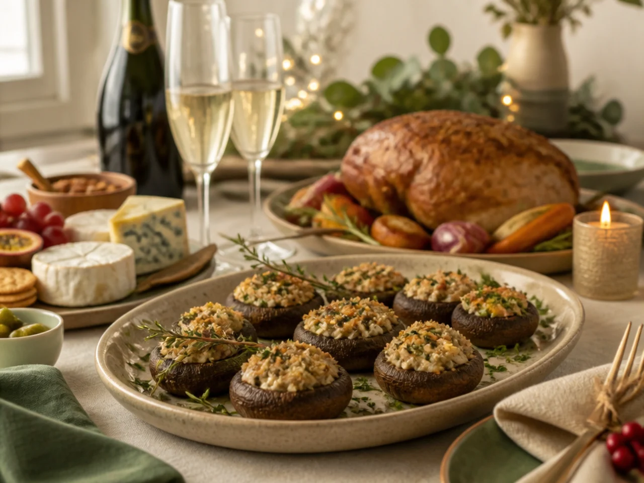 stuffed mushrooms served with a holiday roast, a cheese board and sparkling wine