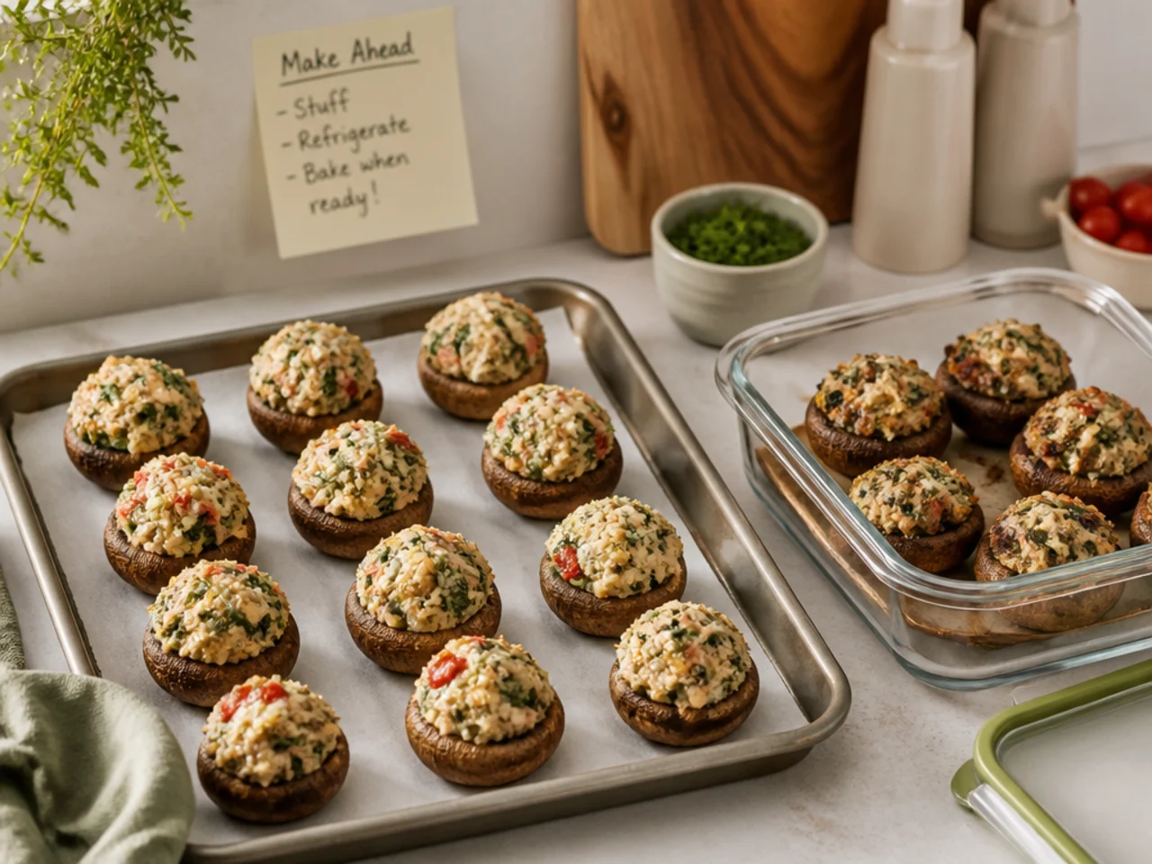 Make-ahead storage of stuffed mushrooms in containers