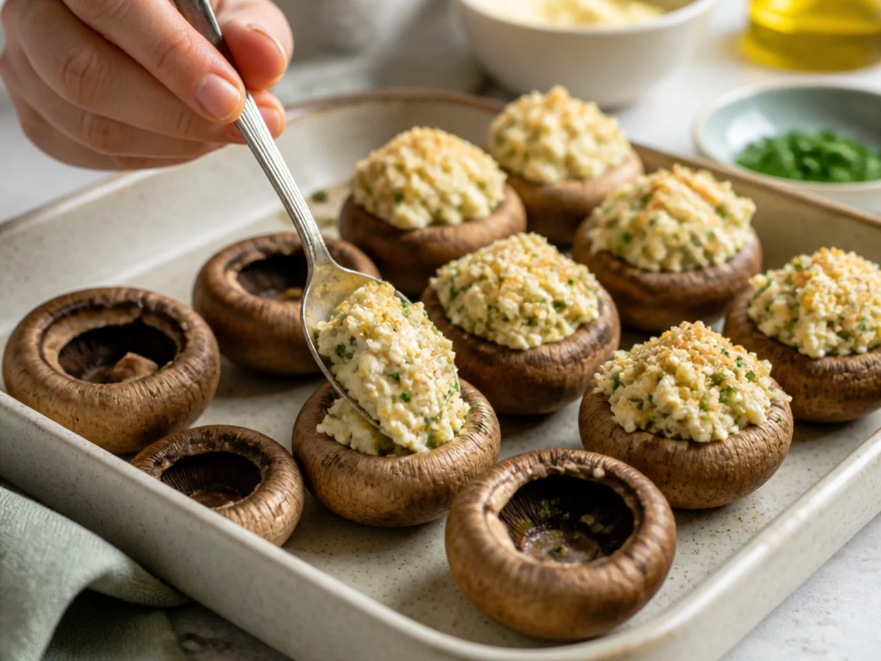 Step-by-step process shot for stuffed mushrooms