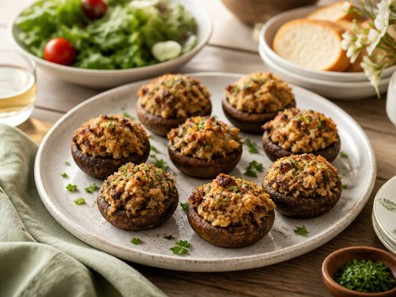 stuffed mushrooms served family-style on a cozy table