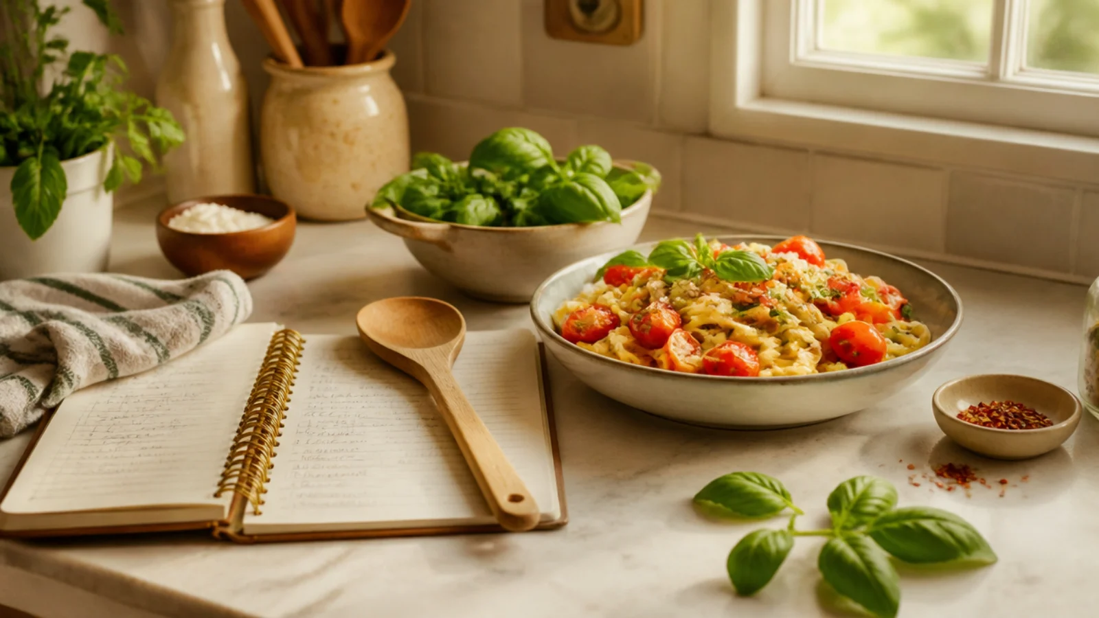A warm home kitchen with a recipe notebook and fresh ingredients